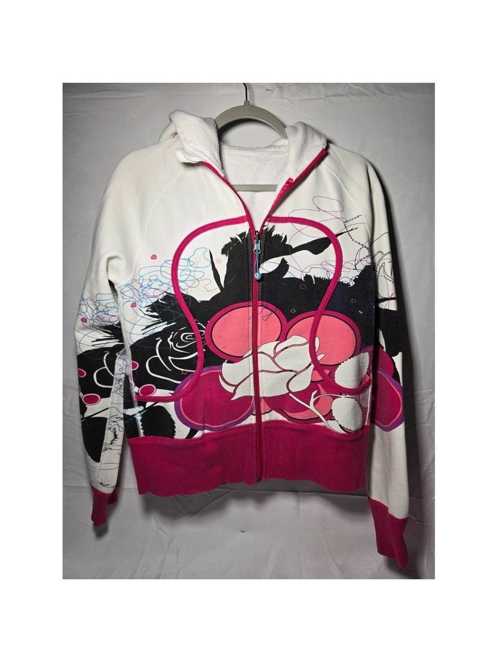 Rare vintage lululemon athletica White and Pink Graphic Zip scuba Hoodie size 12